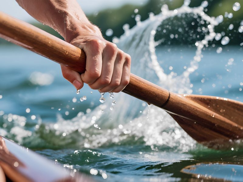 A close-up photograph of a hand holding a wooden paddle immersed